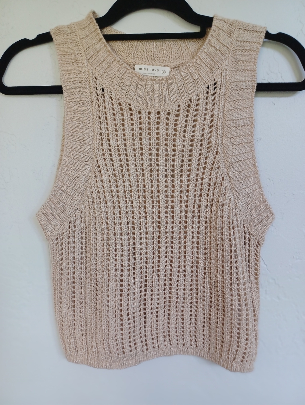Miss Love Open Knit Sleeveless Tank in Light Beige